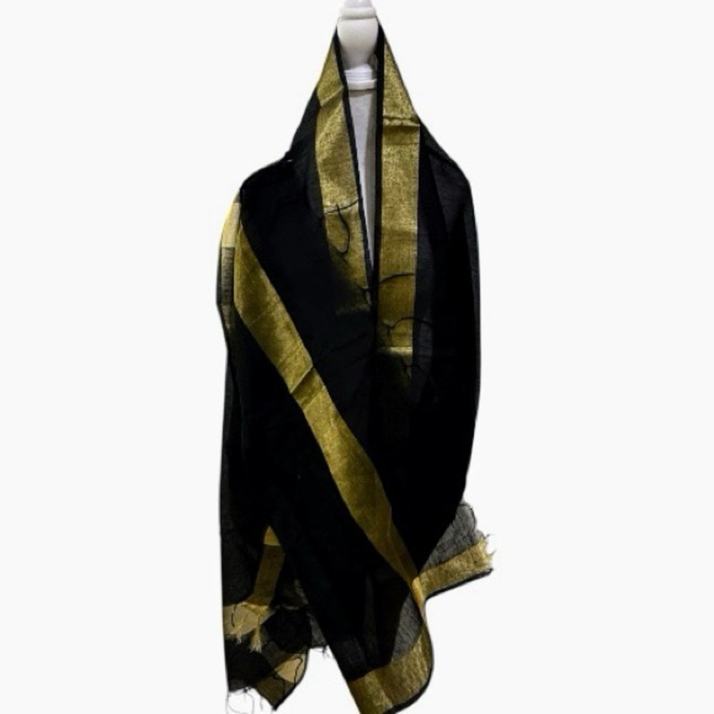 Black & Gold Handloom Dupatta/scarf - lightweight Cotton Silk Wrap - Festive